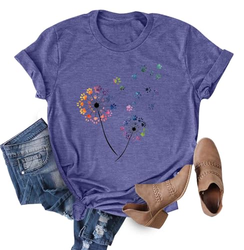 Anbech Womens Colorful Dandelion Garphic Tshirts Cute Paw Flowers Print Casual Tee Tops (Purple, 2XL)