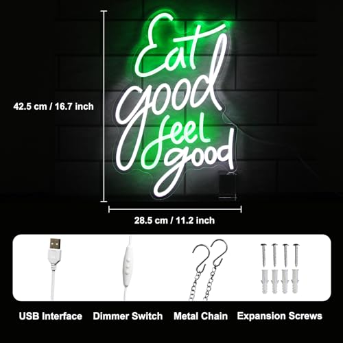 Image of Eat Good Feel Good Neon Signs for Restaurant Kitchen Snack Shop Party Decor | Dimmable Food Neon Light, Green White Letter LED Sign, Health Neon Light Up Sign, Acrylic Wall Art, USB Powered, Easy to Hang