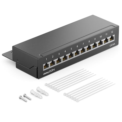 deleyCON CAT 6a Patchpanel Verteilerfeld 12 Port - Desktop & Wandmontage Geschirmt 12x RJ45 Buchse - TIA568A TIA568B - Schwarz