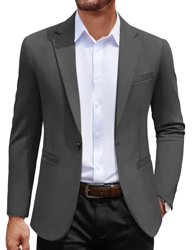 COOFANDY Grey Blazer Men Casual Suits Jacket One Button Lightweight Stretch Knit Sport Coat, Dark Gray, M