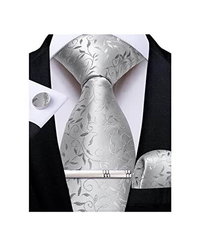 Image of DiBanGu Silk Floral Ties for Men Woven Paisley Necktie and Tie Clip Handkerchief Cufflinks Set for Party Wedding