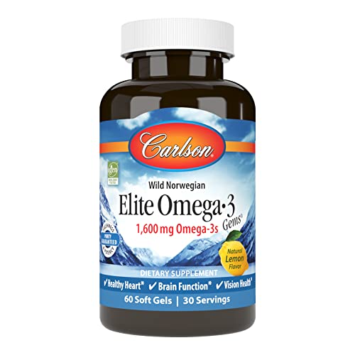 Carlson - Elite Omega-3 Gems, 1600 mg Omega-3 Fatty Acids Including EPA and DHA, Norwegian, Wild-Caught Fish Oil Supplement, Sustainably Sourced Omega 3 Fish Oil Capsules, Lemon, 60 Softgels