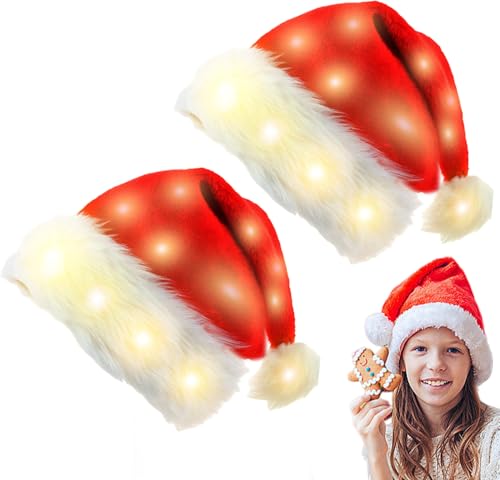 BORDEAG LED Weihnachtsmütze - 2 Stück Erwachsene Nikolausmütze mit...