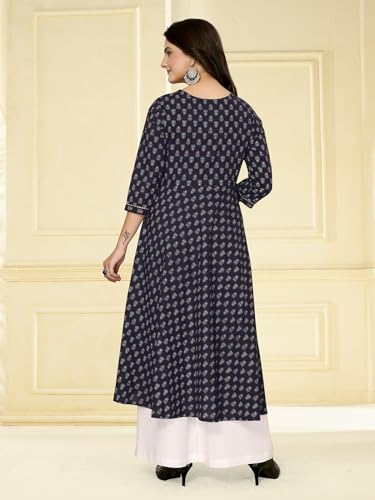 Image of rangita Navy Blue Cotton Calf Length Embroidered Anarkali Kurti for Women | Kurta for Women