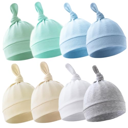 Image of BEoffer 8 Pack Baby Newborn Hats Set Top-Knot Beanie Soft Stretchable Hats Adjustable Caps for Infant Girls Boys 0-6 Months