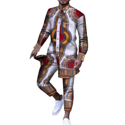 Afrilisco Mens Outfit African Clothes Ankara Print Dashiki Suit for Men Top Shirts and Trousers Pant 2 Pcs Set