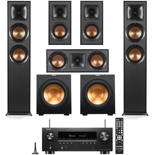 Klipsch Reference 5.2 Home Theater System, Bundle 2X R-625FA Floorstanding 2X R-12SW Subwoofer, R-52C Center, R-41M Bookshelf Speakers, and Denon AVR-S770H 7.2-Channel 8K Network AV Receiver