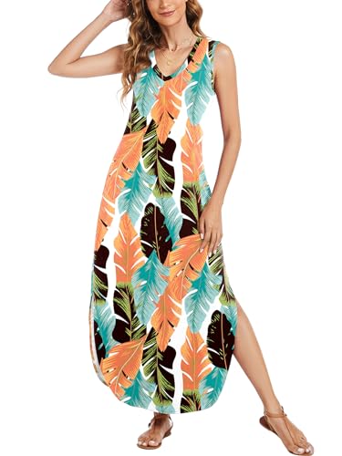 Image of Arolina Maxi Dress for Women Tropical Summer V Neck Sleeveless Split Long Beach Dresses Casual Loose Sundress with Pockets