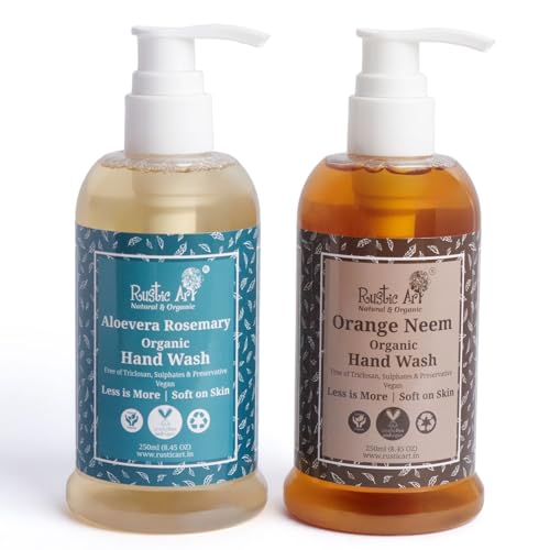 Rustic Art Organic Hand Wash | Natural, Vegan | Non-Drying, Hydrating | 245ml - Orange Neem & Aloe Vera Rosemary