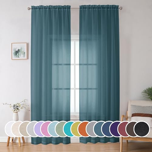Image of OWENIE Dusty Blue Sheer Curtains 90 Inches Long 2 Panels Set for Living Room Bedroom, Light Filtering Rod Pocket Clear Sheer Curtain 2Pcs, Each 42 inch W x 90 inch L, Total 84 Inch Width