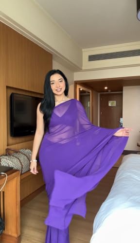 Image of StyleScope Women's Plain Georgette Ready To Wear One Minute Saree With Unstitched Blouse Piece (Kalki)