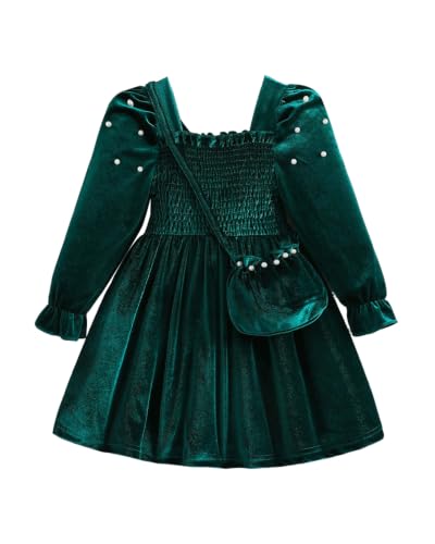 Image of JiAmy Girls Velvet Long Sleeve Dress with Crossbody Bag 120,Green