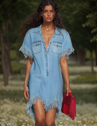 Denim Dress for Women Loose Fit, Jean Dress for Women with Short Sleeve, Pocket, Casual Blue Dress for Summer, Daily3