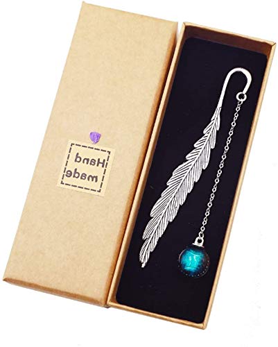 12 Constelación de Marcapáginas de plumas de metal plateado con colgante fluorescente hecho a mano (Bola colgante azul, Geminis)