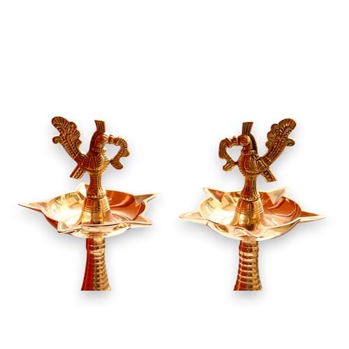 Image of Kerala Brass Diya with Peacock Design | Height: 9 Inch Premium Kerala Kuthu Vilakku I Panchmukhi Diya Puja, Home and Office Temple, Festive Gifting | Pack of 2 | Weight: 330 Grams Each