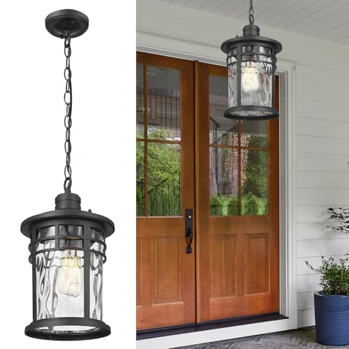 Image of Darkaway Large Outdoor Pendant Lights for Porch, 15inch Outdoor Chandelier Hanging Porch Lights Outside Ceiling Mount Aluminum with Water Ripple Glass for Front Porch Gazebo Patio