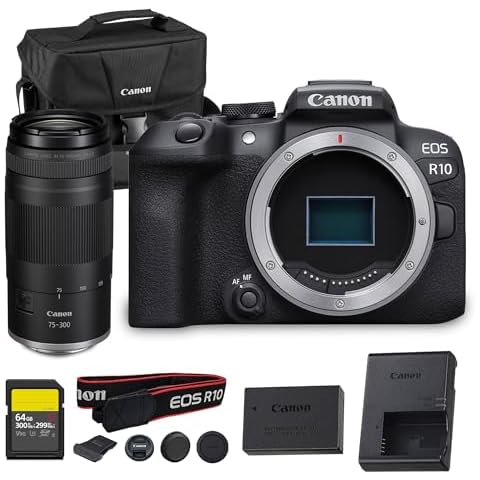Canon EOS R10 Mirrorless Camera 24.2MP APS-C Sensor 4K Video Dual Pixel AF Compact Lightweight Vlogging Travel Camera + Canon RF 75-300mm Lens + 64GB Card + Bag Cover