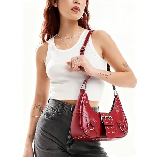 Image of Women's Y2K Purse Shoulder Bag Top Handle Handbag Small Punk Hobo Clutch Purses Bags Trendy Trendy Leather Buckle Punk Purses