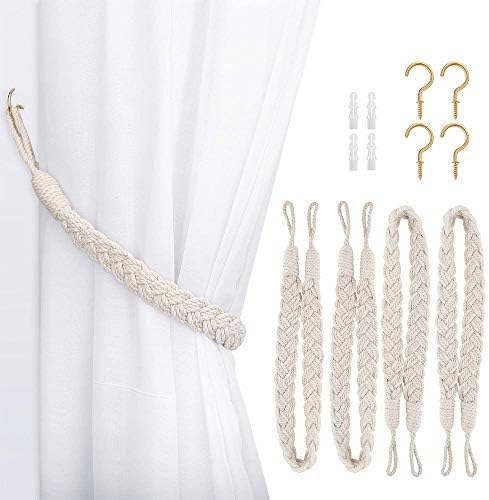 Dimbeit 4 Pieces Curtain Rope Tiebacks, Handmade Natural Cotton Curtain Tie-Backs Knitted Knot Braided Decorative Drapes Holdbacks for Window Curtain Accessories - Beige