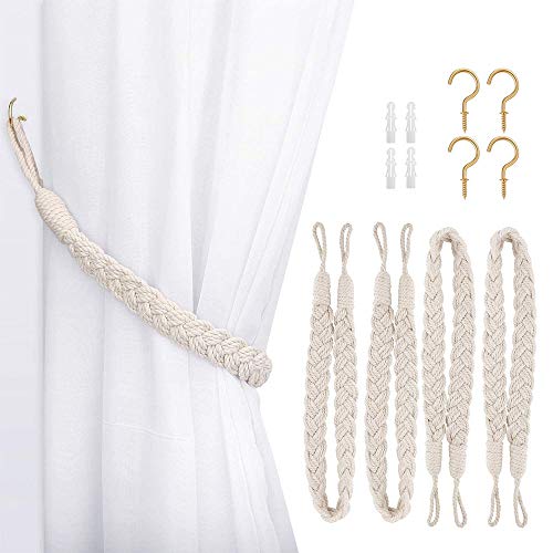 Dimbeit 4 Pieces Curtain Rope Tiebacks, Handmade Natural Cotton Curtain Tie-Backs Knitted Knot Braided Decorative Drapes Holdbacks For Window Curtain Accessories - Beige #TOP1
