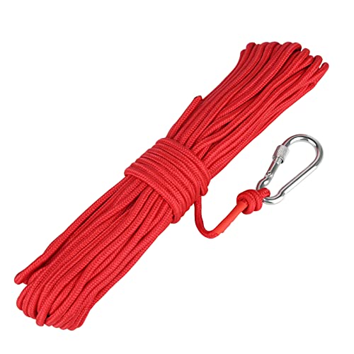 Cuerda de Seguridad de Alta Resistencia, Cuerda de Nailon Trenzado, Cuerda de Escalada, Cuerda de Pesca, Cuerda de Rescate con mosquetón, Cuerda Multiusos para Pesca magnética (6 mm Rojo)