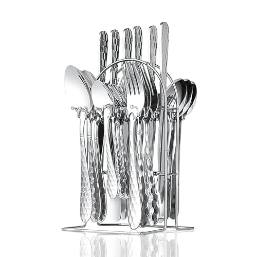 Cutlery Set, 24 Pieces Silverware Cutlery Set with Metal Hanging Stand, Stainless Steel Flatware Set for 6 Person, Mirror Polished Tableware Set for Home, Kitchen, Restaurant (Silver)