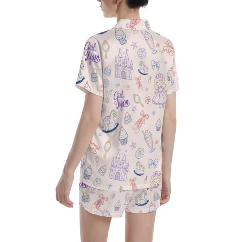 Image of Funny Pajamas for Women Set Print Satin Loungewear Pjs Short Sleeve Button Down Top and Shorts Sets Sleepwear XS-3XL