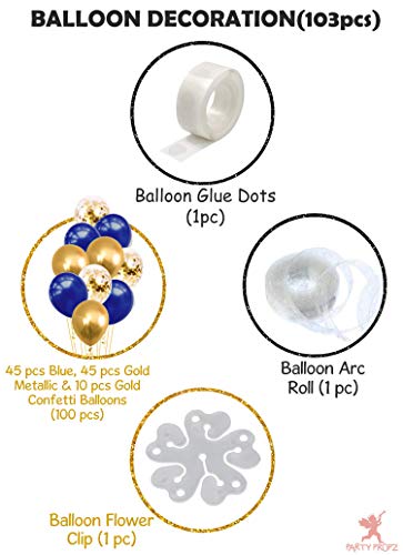 Party Propz 103 Pcs Blue & Gold Metallic Balloons with Confetti, Arc & Flower Clip for Parties & Celebrations