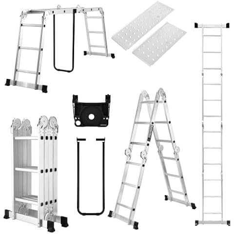 HBTower Folding Ladder, 12.5FT Aluminum Extension Ladder with Tool Tray, 2 Platform Plates, 7 in 1 Heavy Duty Collapsible Ladder, Tall Ladder for Home or Outdoor, 330 lbs Capacity Cover