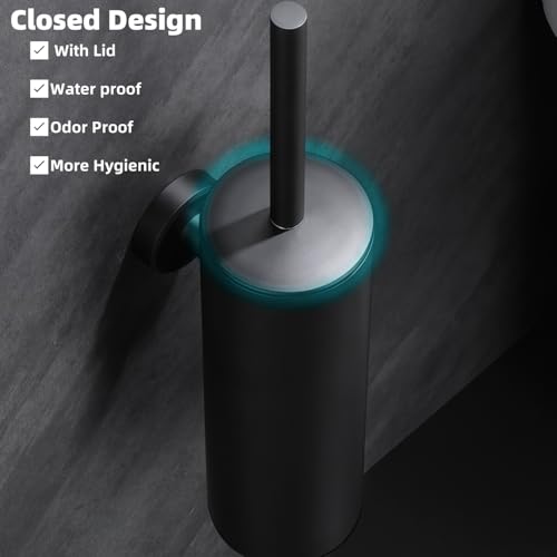 Image of Wall Mounted Brush,Round Toilet Brush with Metal Handle Holder,304 Stainless Steel Toilet Bowl Brush and Holder Set for Toilet and Bathroom Cleaning (Matt Black)