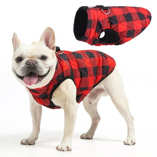 Image of SCENEREAL Warm Puppy Jacket with Built-in Harness for Small /Medium Dogs | Waterproof Winter Coat with Zipper, Fleece Puffer Vest for Cold Weather, Windproof Snow Clothes