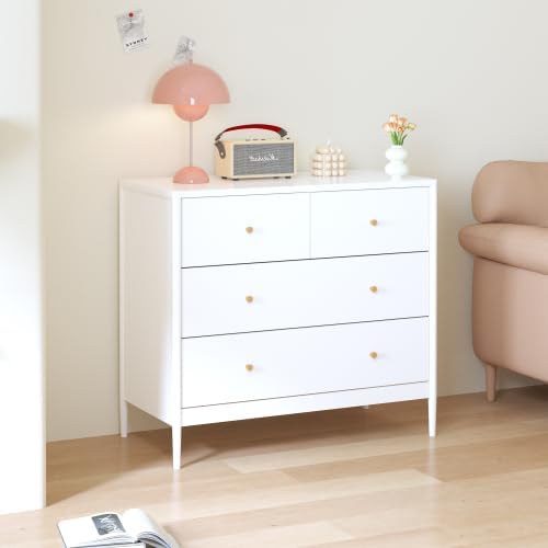 Dresser with 4 Drawers, White, Wooden, Modern Chest of Drawers for Bedroom