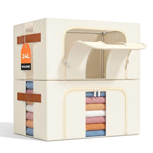 NiuBeBe Boite Rangement Vetement Pliable: Sac de Empilables avec Cadres Métal pour le Organisateur des Vêtements des Draps dans les Placard (Beige, 2x24L)