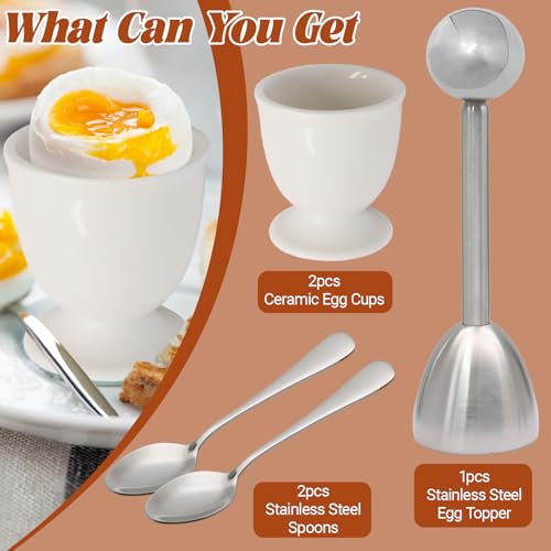 Image of 5 Pcs Ceramic Egg Cup & Egg Topper Cutter Set for Soft Boiled Eggs | Include 2 White Porcelain Egg Cups, 1 Stainless Steel Egg Cutter, 2 SS Spoons in Kitchen for Breakfast Cooking /Gift Childhood