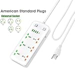 Universal Power Strip with USB and Type C Port, Surge Protector with 6 Universal Oulets and 4 USB, 110-250V, 6.5ft Extension Lead 2500W for European Travel, Home Office