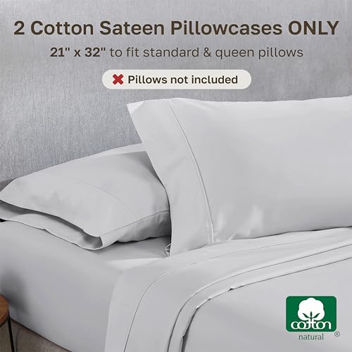 Image of California Design Den Queen /Standard Pillow Cases Set of 2-400 Thread Count Sateen, Natural 100% Cotton Pillowcases Queen, Soft, Roomy and Breathable - Silver