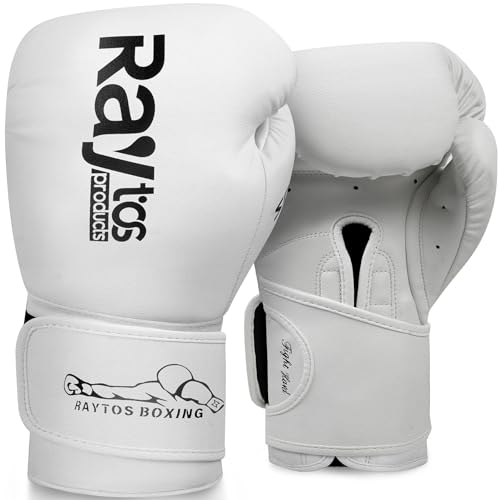 Raytos Boxing Gloves for Men & Women Pro 10oz 12oz 14oz 16oz Training | Wrist Protection 15° Hook & Loop | Triple Latex Padding | PU Leather for Muay Thai MMA Kickboxing Sparring (White, 14oz)