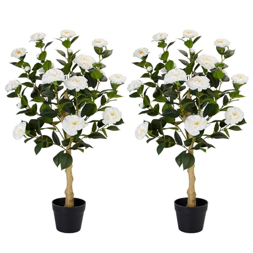 3FT Artificial Camellia Tree, 2 Pack Fake Camellia Tree Artificial Tree, Faux Floral Plants in...