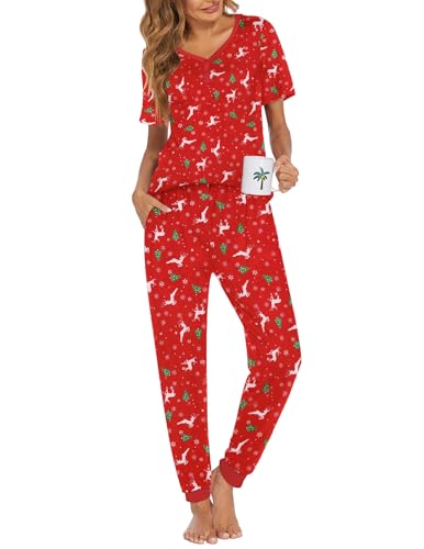 Image of Ekouaer Pajamas for Women Set 2 Piece Fall Lounge Sets Short Sleeve Pjs Joggers Long Pants Sleepwear with Pockets