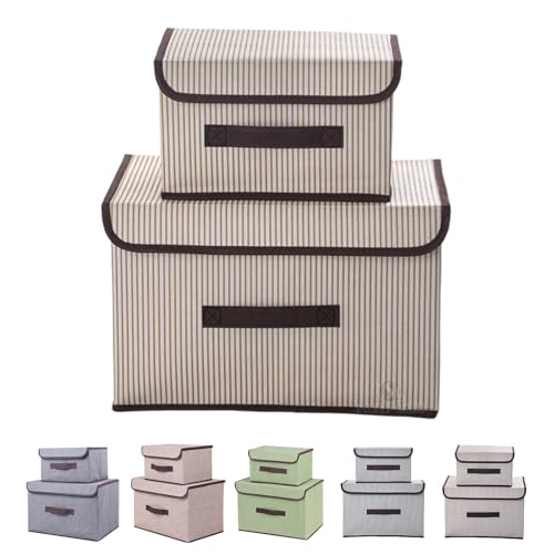 フタ付き 収納ボックス 蓋付き 折り畳み 布製 大容量 持ち運び 防塵通気性 耐久 省スペース 多用途収納 現代風 おしゃれ 36*23*24cm/25*19*16cm（アプリコットストライプ） [並行輸入品]