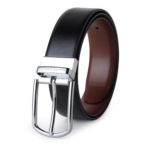 Image of Belts for Men Leather Original, Reversible Black & Brown Formal & Casual Italian Leather Belt with Solid Metal Curved Buckle