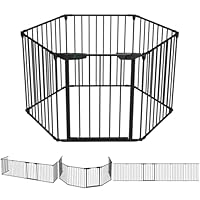 VOUNOT® 6 Panel Safety Barrier Fireplace Protection Foldable Metal Fire Guard Hearth Gate with Lockable Door, Playpen Multi-Function Room Divider Pre-Assembled 3.75M Black