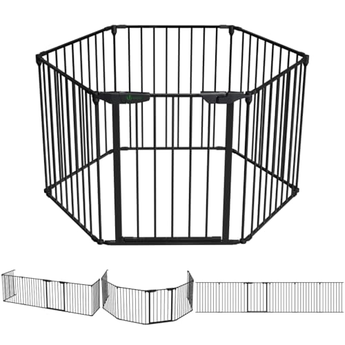 VOUNOT Kaminschutzgitter Freistehend mit Tür, 375cm inkl. 6 Elementen, Ofenschutzgitter Metall für Kinder, Kamingitter Ofengitter Kinderschutz, Laufgitter Laufstall Absperrgitter Baby, Schwarz
