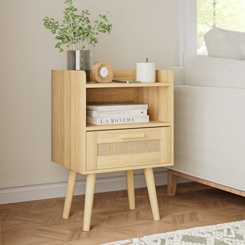 HEYZOEY Bedside Tables,End Table,Rattan Bedside Tables, Side Table with Hand Made Rattan Decorated Drawers,Wood Accent Nightstand with Storage for Bedroom、Living Room (Yellow)