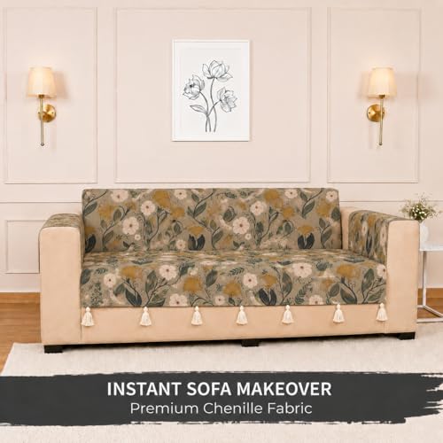 Image of STITCHNEST 'Eden Weaves Collection Series' 3 Seater Sofa Cover | Full Coverage with Armrest Pockets | Elegant Woven Fabric, Decorative Tassels, Washable & Durable for Modern Living