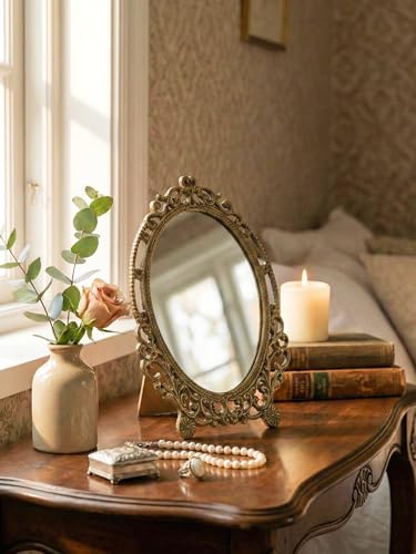 Image of Vintage Brass Table Mirror 9x6 Inch | Antique Finish Decorative Dressing Mirror with Stand | Handcrafted Solid Brass Frame for Home Decor & Vanity