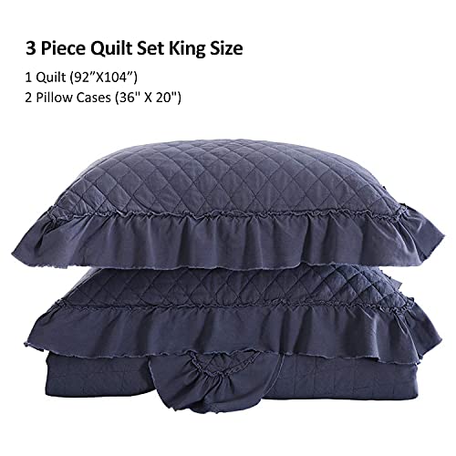 Jml Quilts King Size, Stone Washed Microfiber 320Gsm 3 Pieces Bedspreads Coverlet With Ruffle - Vintage Super Soft Quilt Set, Navy Blue #TOP5
