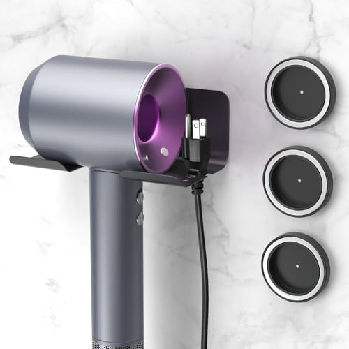 FALSKT Soporte Secador de Pelo con 3 Portaboquillas, Colgador Secador Pelo Sin Taladrar, Soporte Secadora Soporte de Pared de Aluminio, para Mayoría de Secadores de Pelo (Negro)