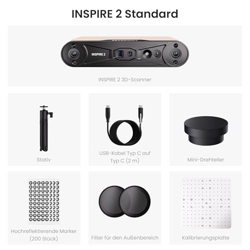 Revopoint INSPIRE 2 3D-Scanner für 3D-Druck, bis zu 0,03 mm Präzision, Mehrstrahl-Laser & Strukturiertes Licht, Scannen im Freien & Kabelloses Scannen, Vollfarbscans, Optischer Zoom, 190g, Standard