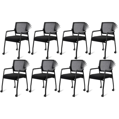 Image of KLASIKA Ergonomic Mesh Back Armchairs with Non-Slip Mute Casters and Upholstered Fabric Thickened Seat, Reception Guest Chair with Lumbar Support for School Church Office Conference Room, Black 8Pack